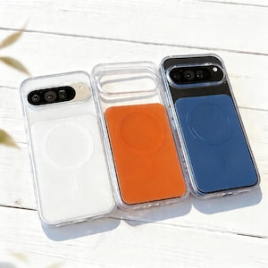 Peut inclure: Trois coques de téléphone transparentes avec des inserts colorés. L'une a un insert blanc, une autre un insert orange et la troisième un insert bleu. Chaque coque a un design circulaire sur l'insert et une découpe pour l'appareil photo.