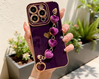 Luxury Plated Heart Bracelet iPhone Case with Chain Strap, Elegant Love Frame Cover for iPhone 11 12 13 14 15 16 Pro Max XR XS