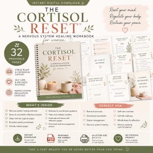 Pode incluir: Livro de exercícios digital intitulado "The Cortisol Reset" com 32 páginas para impressão. A capa apresenta o título em bordô e verde, com encadernação em espiral. Inclui alívio do estresse, autocuidado e exercícios do sistema nervoso.