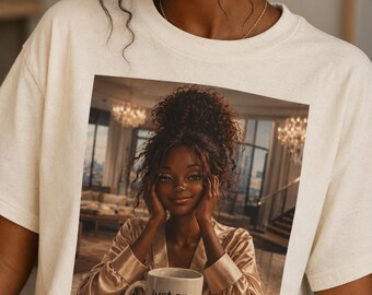 Just One More Coffee photo print T-Shirt | Woman with Mug coffee design
