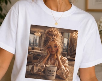 Just One More Coffee doll illustration T-Shirt | Luxury fashion doll burnout art