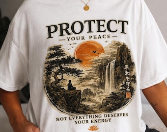 Protect Your Peace landscape tee | T-Shirt, Japanese waterfall sunset design