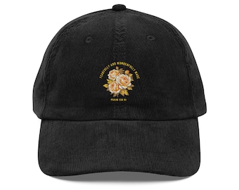 Fearfully and Wonderfully Made Vintage Corduroy Cap | Pink Rose Christian Embroidered Psalm 139:14