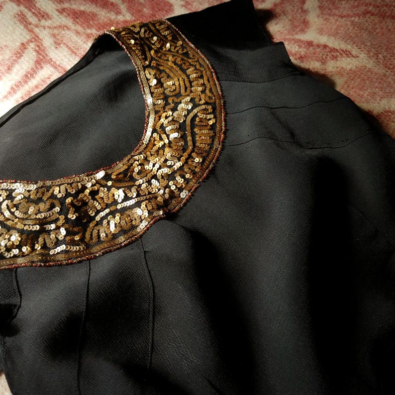 1940s Rayon Peplum Blouse: Vintage Black Top with Gold Sequins image 6