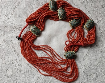 Vintage Coral Bead Necklace Tibetan Multi-Strand Red Bamboo with Turquoise Mosaic Inlay Brass Accents Bib 1970s