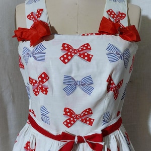 Cute Vintage 1950s Cotton Dress Fit and Flare Summer Sleeveless Shoulder Straps Bows Red White Blue Metal Side Zip Size 32&quot; Bust