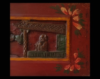 Antique Chinese Carved Wood Panel Red Lacquer High Relief Figural Wall Plaque, Lintel Fragment or Furniture Insert 14.25" x 5" Chinoiserie