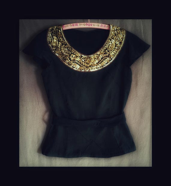 1940s Rayon Peplum Blouse: Vintage Black Top with Gold Sequins