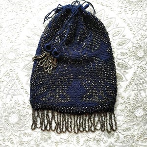 Antique Vintage 1920s Purse Micro Beaded Butterflies Drawstring Reticule Flapper Mercury Glass Metallic Silver Navy Blue image 4