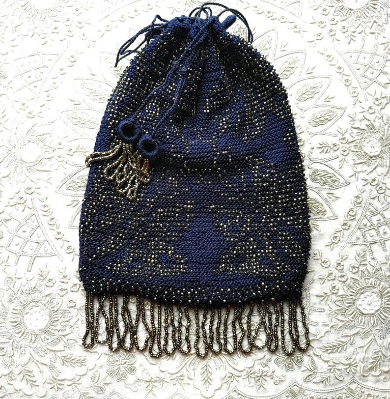 Antique Vintage 1920s Purse Micro Beaded Butterflies Drawstring Reticule Flapper Mercury Glass Metallic Silver Navy Blue image 4