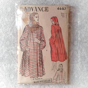 May include: A vintage Advance 4687 sewing pattern envelope in a clear plastic sleeve. The tan paper features illustrations of a hooded coat in a red and black plaid pattern and a solid red version, with text including Size 14, Bust 32, and Hip 35.