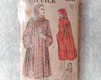 Vintage 1940s Sewing Pattern Advance 4687 Unprinted Perforated Tissue Swing Coat Hooded Cape Mademoiselle Size 14 Bust 32 Complete