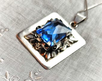 Vintage 1930s 40s Taxco Mexico Art Deco Sterling Silver Blue Gemstone Pendant Necklace