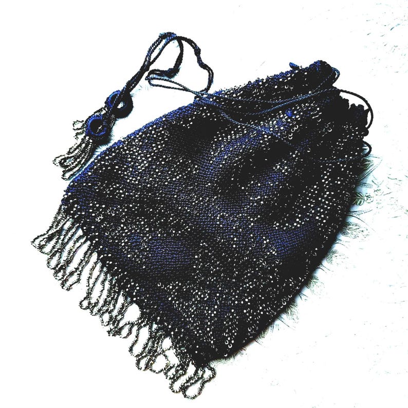 Antique Vintage 1920s Purse Micro Beaded Butterflies Drawstring Reticule Flapper Mercury Glass Metallic Silver Navy Blue image 3