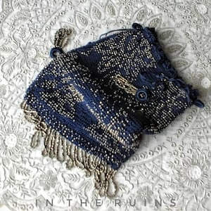 Antique Vintage 1920s Purse Micro Beaded Butterflies Drawstring Reticule Flapper Mercury Glass Metallic Silver Navy Blue image 1
