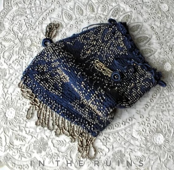 Antique Vintage 1920s Purse Micro Beaded Butterflies Drawstring Reticule Flapper Mercury Glass Metallic Silver Navy Blue