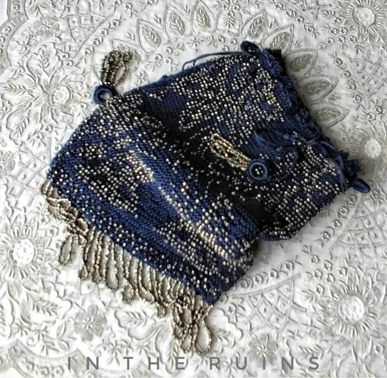 Antique Vintage 1920s Purse Micro Beaded Butterflies Drawstring Reticule Flapper Mercury Glass Metallic Silver Navy Blue image 1