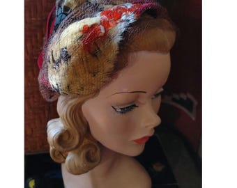 Vintage 1940s Tilt Hat Feathers Felt High Fashion Wool /Silk Germaine Montabert 5th Avenue NYC