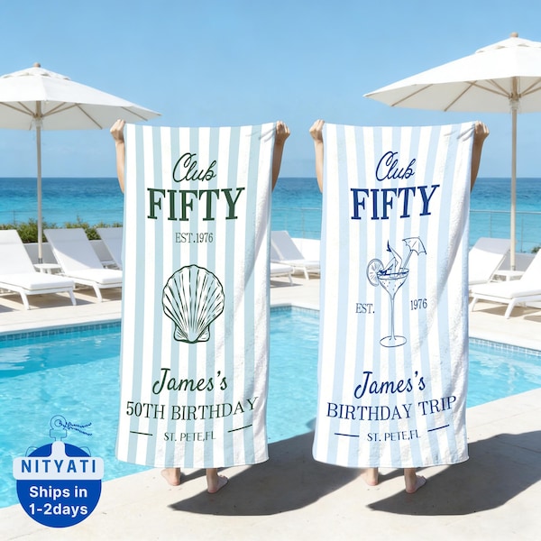 Custom Birthday Beach towel for her,Personalized 50th Birthday Party Pool Towel,Family Group Trip Party Gift,Beach Birthday Party Favors