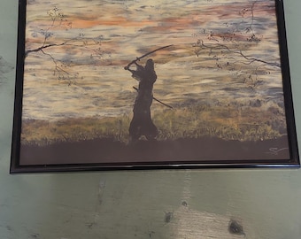 samurái al atardecer, grasa pastel