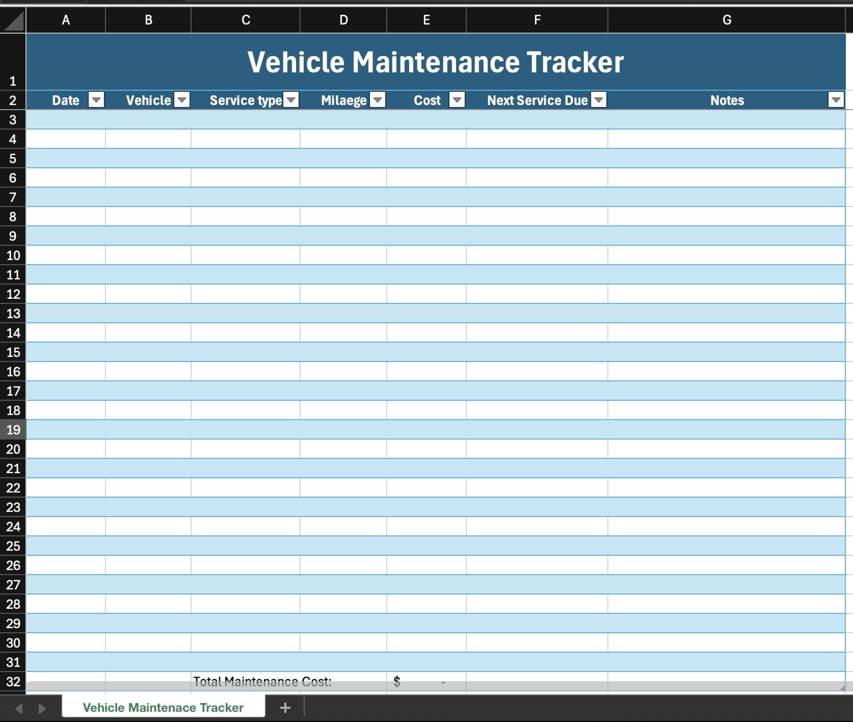 Vehicle Maintenance Tracker Excel Template | Car Service Log ...