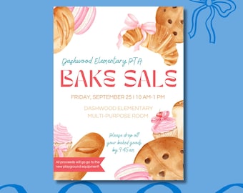 May include: A colorful poster advertising a bake sale at Dashwood Elementary School. The poster features a variety of baked goods, including cupcakes, cookies, and pastries. The text on the poster reads "Dashwood Elementary PTA Bake Sale, Friday, September 25, 10 AM-1 PM, Dashwood Elementary Multi-Purpose Room, Please drop off your baked goods by 9:45 am, All proceeds will go to the new playground equipment!"