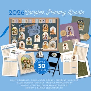 May include: A complete primary bundle with over 50 items, including a bulletin board kit, chair kit, and teacher folder kit. The bundle features illustrations of Old Testament heroes and heroines, with the text "2026 Complete Primary Bundle."