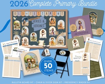 May include: A complete primary bundle with over 50 items, including a bulletin board kit, chair kit, and teacher folder kit. The bundle features illustrations of Old Testament heroes and heroines, with the text "2026 Complete Primary Bundle."