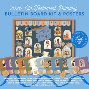 Puede incluir: Un kit de tablón de anuncios con carteles para el programa Primario del Antiguo Testamento de 2026. El kit incluye una pancarta, carteles y viñetas con héroes y heroínas bíblicos. También incluye insignias de afirmación, palmeras y un diseño de arcoíris.
