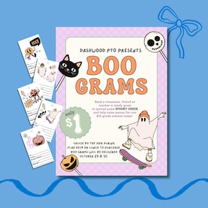 May include: A pink and purple flyer with the text "DASHWOOD PTO PRESENTS BOO GRAMS" in orange and white. The flyer advertises a fundraiser for a 6th grade science camp. The flyer includes a ghost riding a skateboard, a black cat, and a lollipop with a pumpkin on it. The flyer also includes the text "only $1" and "CRUISE BY THE MPR DURING FLAG DECK OR LUNCH TO PURCHASE. BOO GRAMS WILL BE DELIVERED OCTOBER 29 & 30."