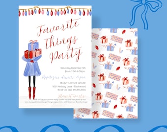 May include: A festive invitation to a "Favorite Things Party" with a watercolor illustration of a person carrying wrapped gifts. The invitation includes the date, time, location, and RSVP information. The background pattern features a repeating design of wrapped gifts.