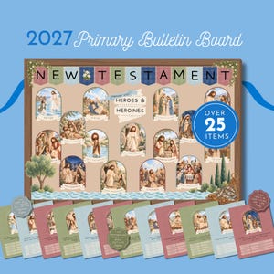 Könnte beinhalten: Ein 2027 Primary Bulletin Board Set mit einer großen rechteckigen Tafel mit dem Text New Testament und Heroes & Heroines. Es enthält über 25 Artikel, wie illustrierte Karten mit biblischen Figuren, Monatskalenderkarten und dekorative Elemente.