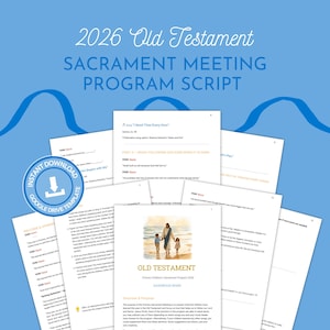 Può includere: Un modello di script per il programma della riunione sacramentale dell'Antico Testamento 2026 composto da più pagine bianche con testo nero, intestazioni e un'illustrazione centrale di una figura che cammina con due bambini su una spiaggia.