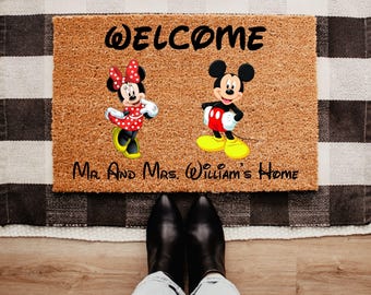 Custom Disney Welcome Doormat, Personalized Doormat, Custom Couple Entrance Rug For Home, Mickey Doormat