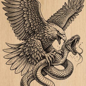 May include: Detailed black and white illustration of an eagle attacking a snake. The eagle has outstretched wings and sharp talons gripping the snake. The snake is coiled and has its mouth open. The background is a light wood grain.