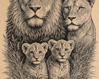 Löwenfamilie Holzgravur Datei | Majestätisch Wildtier Porträt (Digital Download)