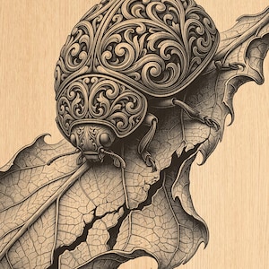 May include: A dark brown, detailed engraving of a beetle with intricate scrollwork patterns on its shell, perched on a textured, cracked leaf. The entire illustration is rendered in a monochromatic style on a light wood grain background.