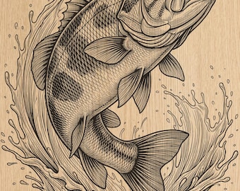 Springender Bass Fisch CNC Lasergravur PNG | Angeln Wand Dekor Design (Digitaler Download)