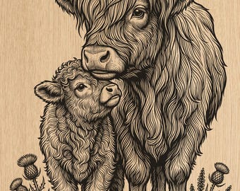 Highland Kuh Kalb Line Art PNG | Bauernhaus Holz Laser Gravur Design (Digitaler Download)