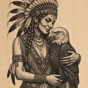 Native American Woman with Eagle CNC Laser Engraving PNG | Tribal Spirit Wood Laser Engraving | Detailed Wildlife Laser Cut Design