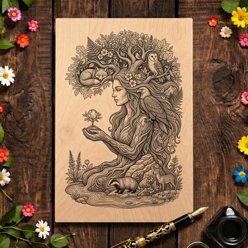 Nature Goddess Engraving File | Forest Woman Tree Spirit Art (PNG ...