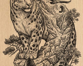 Schnee Leopard Berg Szene Gravur PNG | Wildtiere Laser Kunstwerk (Instant Download)