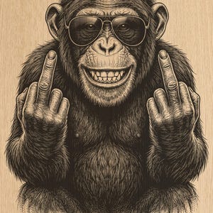May include: A detailed black and brown ink illustration of a chimpanzee wearing dark aviator sunglasses. The chimpanzee is smiling with its teeth visible and is holding up both middle fingers in a gesture against a light wood grain background.