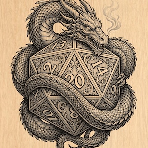 May include: A black and white illustration of a dragon coiled around a twenty-sided die. The dragon has detailed scales and horns, with smoke rising from its mouth. The die features intricate scrollwork patterns and the numbers 13, 2, 20, 14, 1, 8, and 9.