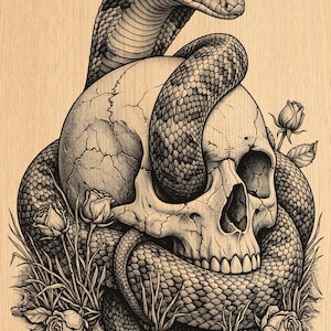 May include: A black and white illustration on a light wood grain background featuring a detailed human skull entwined by a large cobra snake. The composition includes several small rose buds and blades of grass surrounding the base of the skull.