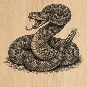 Puede incluir: Una ilustración detallada en tinta negra de una serpiente de cascabel enroscada sobre un fondo de veta de madera clara. La serpiente se muestra con la boca abierta, mostrando colmillos y lengua bífida, con el cascabel levantado y vibrando.