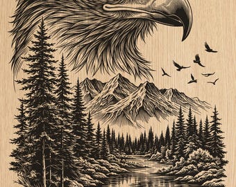 Aquila Calva Paesaggio Montano Incisione Laser PNG / Scena Forestale Fauna Selvatica / Arte Naturale Rustica / File per Incisione Laser su Legno e CNC
