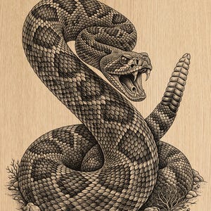 May include: A detailed black ink illustration of a coiled rattlesnake on a light wood grain background. The snake is depicted with its mouth open, showing fangs, and its rattle is raised. The scales are rendered with intricate stippling.