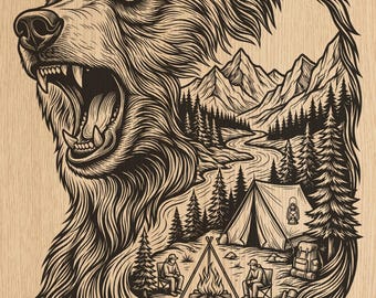 Bär Camping Szene Lasergravur PNG | Roaring Wildtiere Berg Kunst (Digitaler Download)