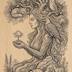 May include: Intricate illustration of a woman with tree-like features, holding a small tree with a globe. An owl, eagle, and fox are integrated into her hair and the surrounding foliage. A badger and deer are at the base.